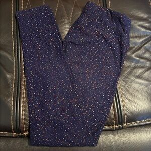 LulaRoe One Size leggings, dark navy background, multicolored specked print